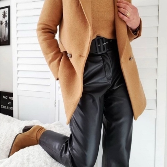 Zara Faux Leather High Waisted Belted Trousers Black Size Medium - Picture 5 of 12